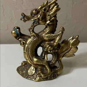 5"chinese fengshui brass yuanbao money coin animal dragon play bead lucky statue